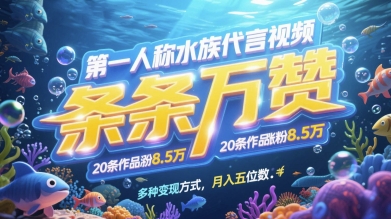 第一人称水族代言视频，条条万赞，20条作品涨粉7.8W，多种变现方式月入五位数-涵知项目站