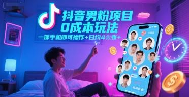 抖音男粉项目0成本玩法，一部手机即可操作，日均4张+，时间自由-涵知项目站