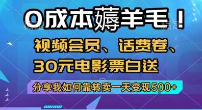 0成本薅羊毛!视频会员、话费卷、30元电影票白送，分享我如何靠转卖一天变现5张+【揭秘】-涵知项目站