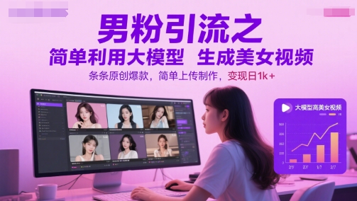 男粉引流之简单利用大模型生成美女视频，条条原创爆款，简单上传制作，变现日1k+-涵知项目站