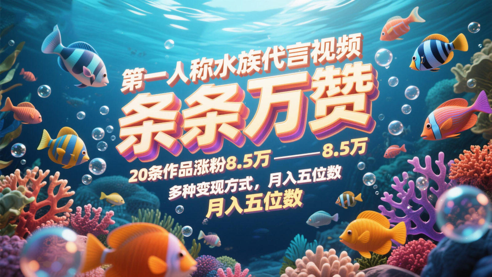 第一人称水族代言视频，条条万赞，20条作品涨粉8.5万，多种变现方式月，入五位数-涵知项目站