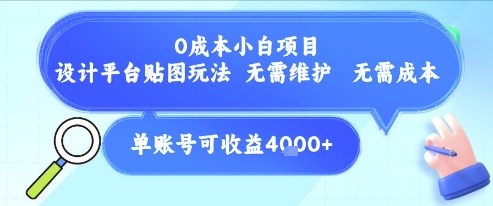 0成本小白项目，设计平台贴图玩法，无需维护，无需成本，单账号单月可产生收益4k+-涵知项目站