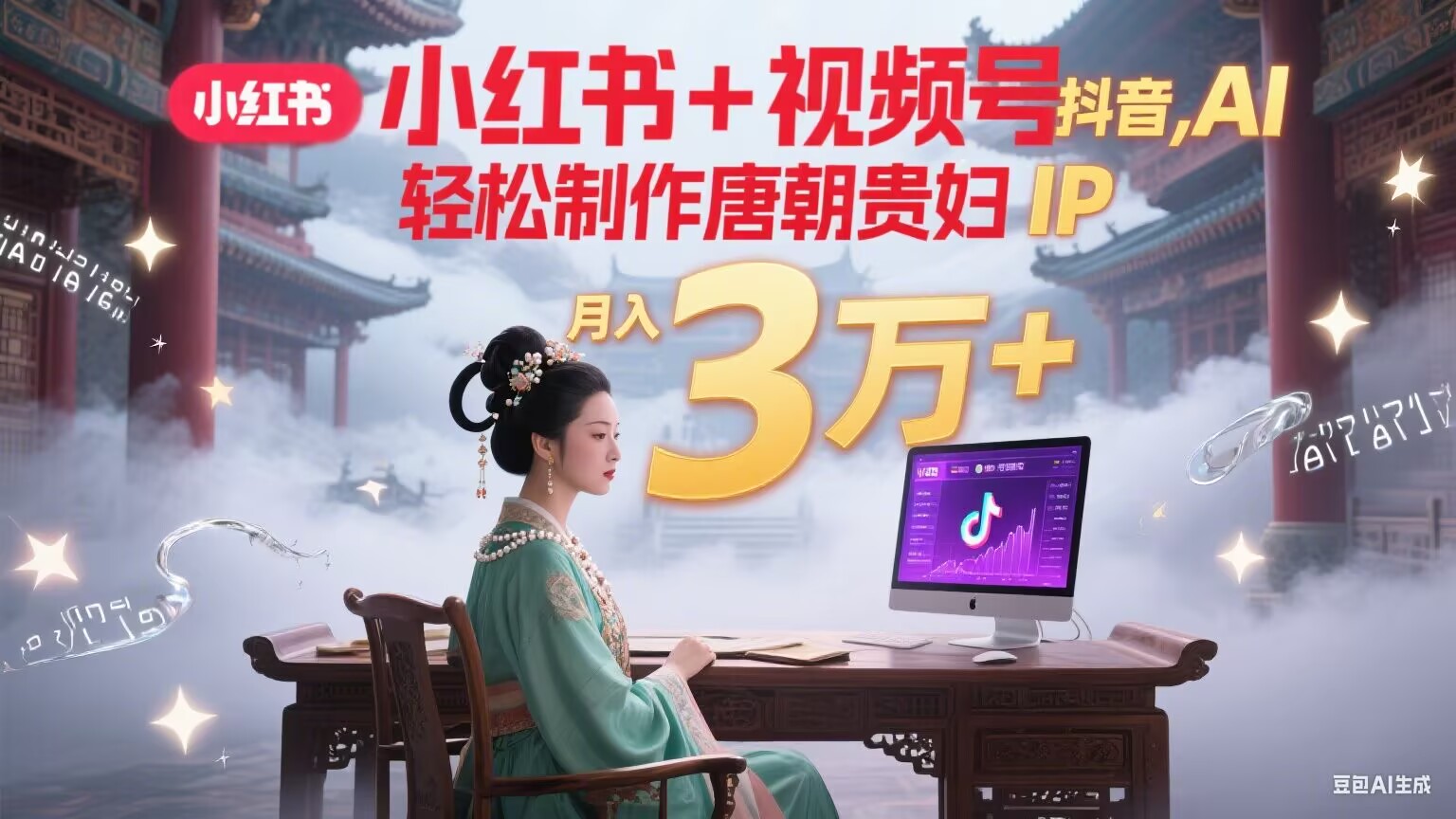 小红书+视频号+抖音，AI轻松制作唐朝贵妇IP，毒鸡汤、励志、减肥瘦身、养生赛道轻松切入，每天30分钟，轻松产出N条，月入3万+-涵知项目站